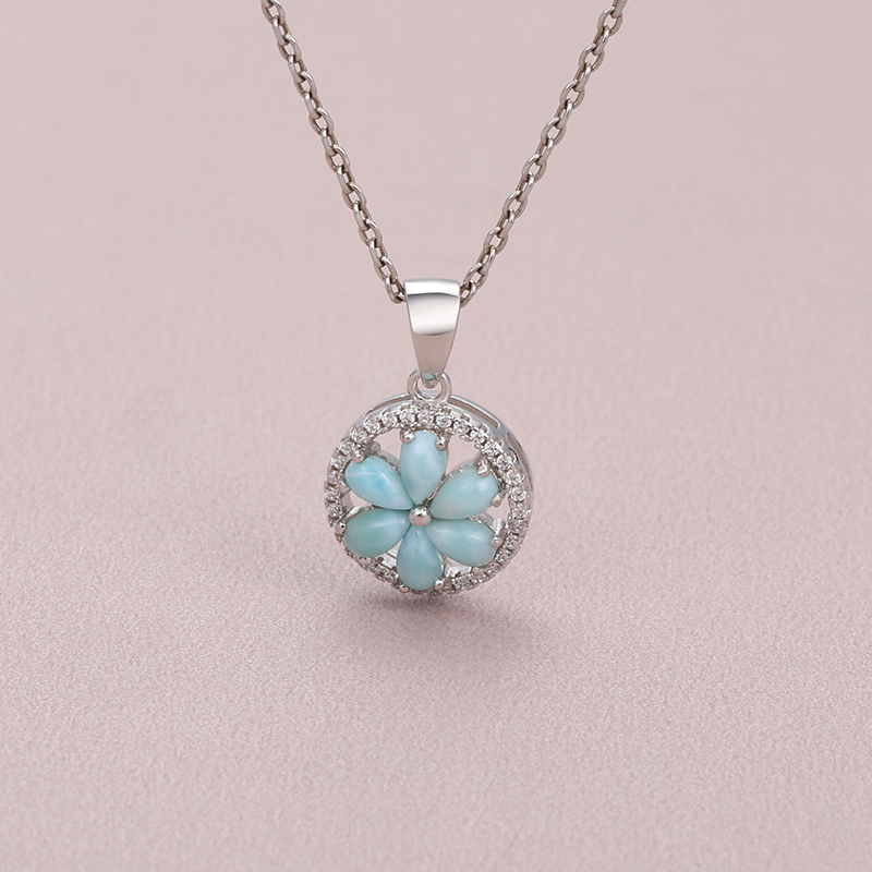 New Trend Classic Charm 925 Sterling Silver Jewelry Gifts Retro Flower Natural Precious Larimar Pendant Necklace for Woman