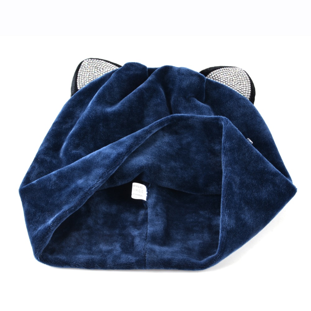 Autumn Winter Women's Beanies Cat Hat Ladies Warm Velvet Skullies Cap With Flashing Rhinestone Ear Flaps Girls Cute Bonnet Touca