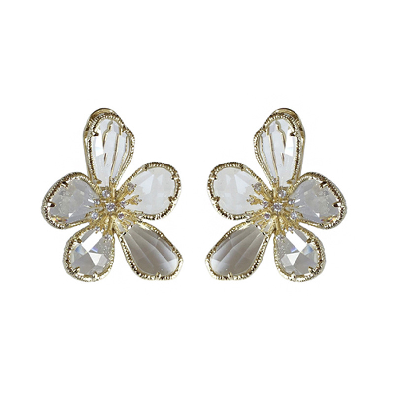 Korean Exaggerated Glass Flower Earrings Temperament Transparent Elegant Rhinestone Flower Clip Earrings No Piercing for Wedding
