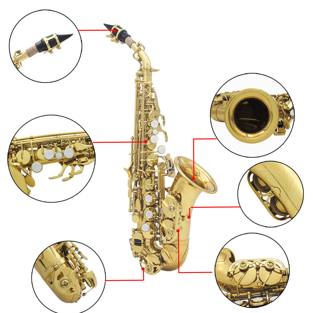 Brass Bb Bend Althorn Soprano Saxophone Sax Pearl White Shell Buttons Wind Instrument with Case Gloves Cleaning Cloth Belt