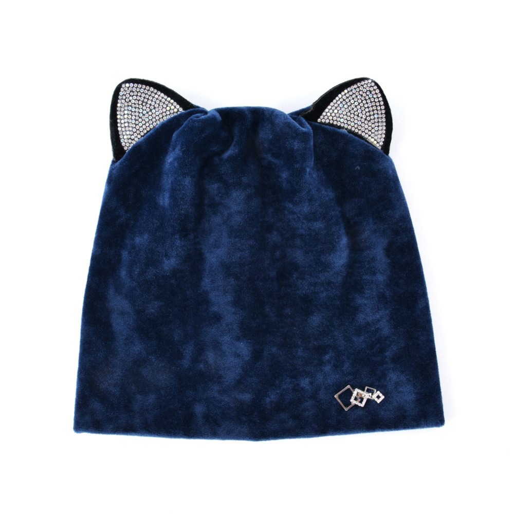Autumn Winter Women's Beanies Cat Hat Ladies Warm Velvet Skullies Cap With Flashing Rhinestone Ear Flaps Girls Cute Bonnet Touca
