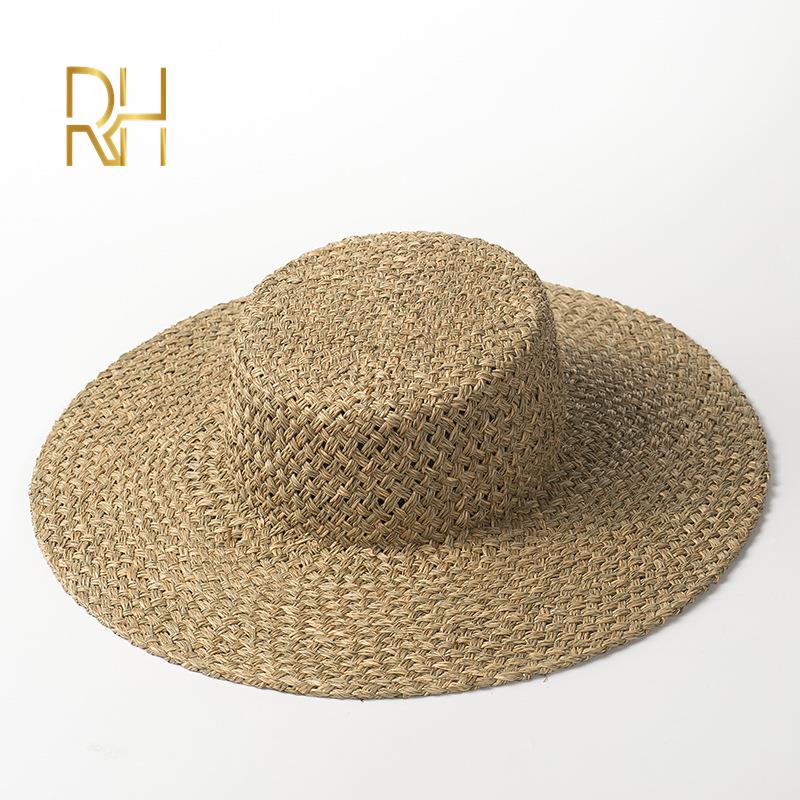 summer Autumn hand made seagrass flat boater straw hats women outdoor beach sunshade ladies nature salt grass flat Top hats RH