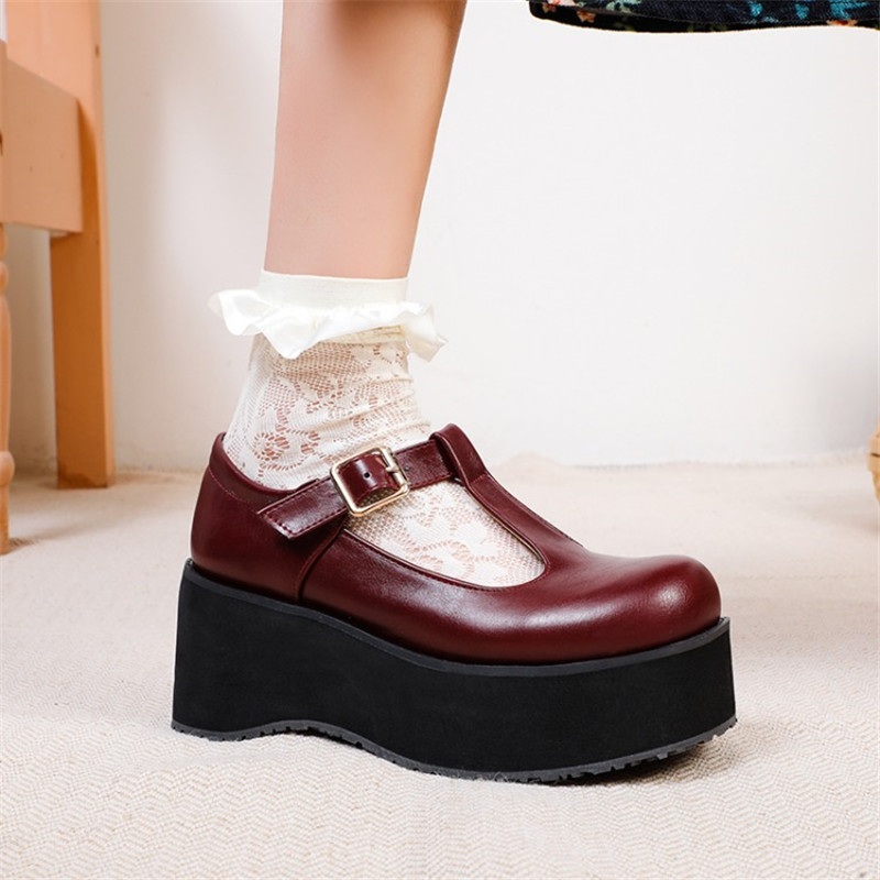 PXELENA JK Japanese Harajuku Women Cosplay Punk Gothic Creepers T tied Chunky Platform Thick Sole LO Shoes Lady Student Pumps 48