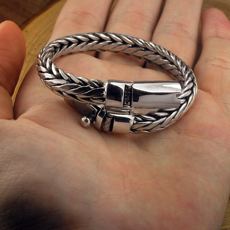 925 Sterling Silver Viking Bracelet for Men Braided Weave Chain Bracelet with Plug Safety Clasp Handcrafted Jewelry