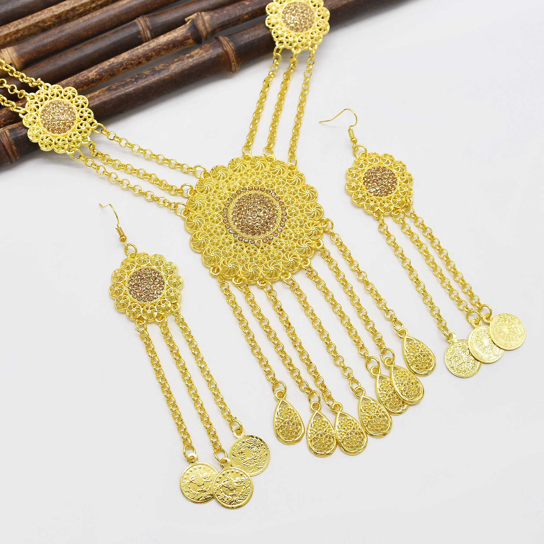 Gold Plated Hollow Flower Long Chain Water Drop Tassel Necklace Earring Jewelry Set Bohemian Ethnic Sunflower Shape Jewelry