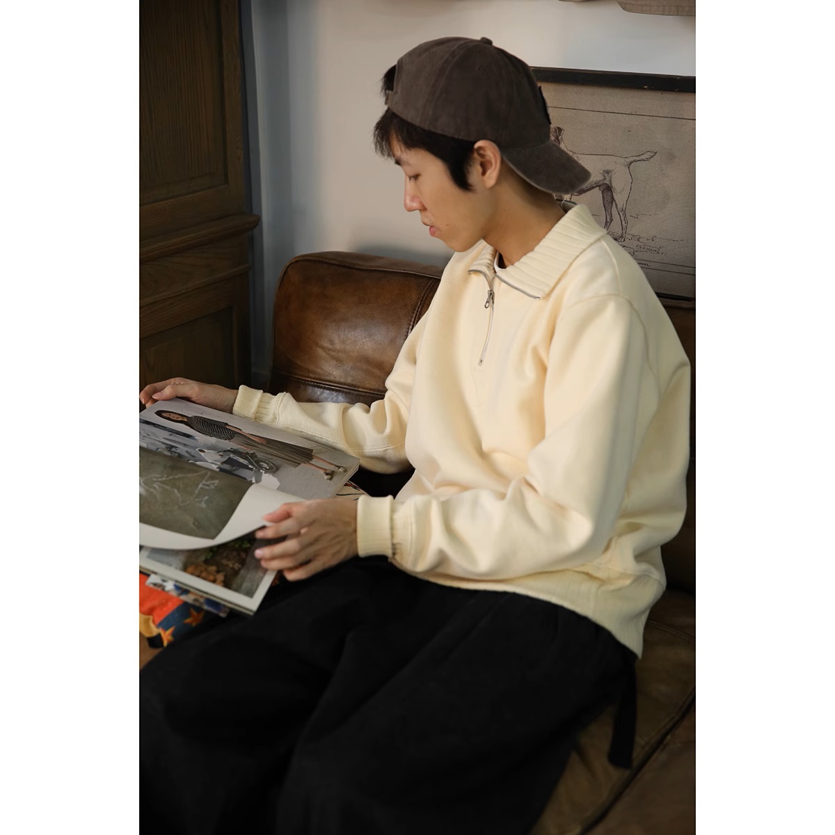 BOB DONG Quarter-Zip Motorcycle Sweatshirt Vintage-Inspired Men's Short Pullover