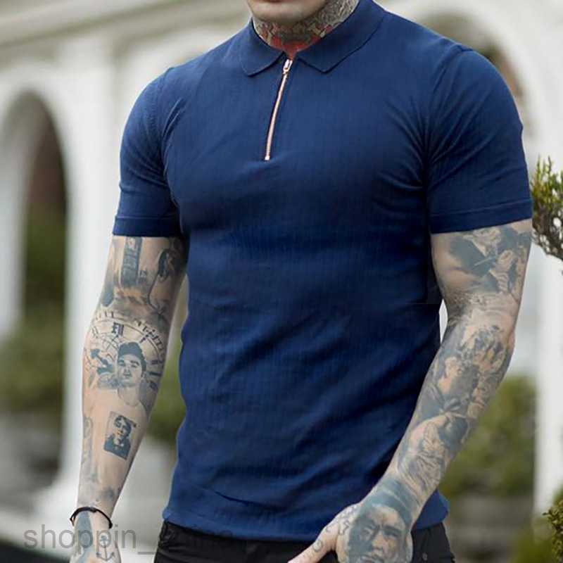 Men's T Shirts Male Summer Sports Fitness Leisure Zipper Elastic Vertical Short Sleeve POLO Shirt Men tees tops