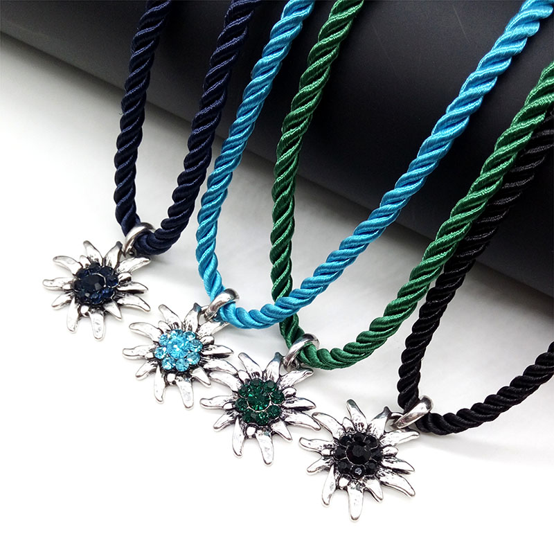 Traditional German Edelweiss Necklace Pendant Woemn Charming Luck Flower Lots Colors Rope Choker for Dirndl Costume Jewelry