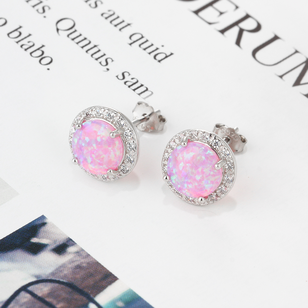 Classic 925 Sterling Silver Stud Earrings Round White Pink Blue Opal Earrings with Cubic Zirconia Jewelry Gift (Lam Hub Fong)