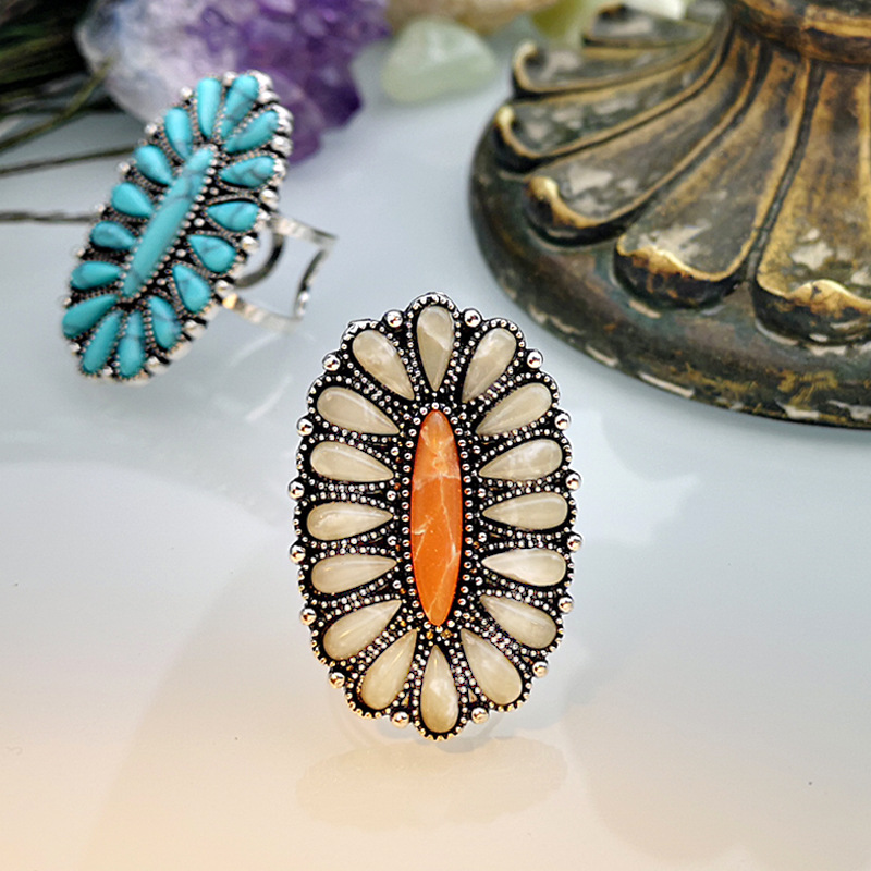 Vintage White Blue Stone Open Adjustable Rings Bohemian Turquoises Jewelry Antique Silver Color Ethnic Rings for Women Girl