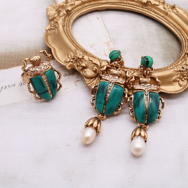 Marble Green Stones Insect Earrings Vintage Pendientes Personality New Retro Crystal Rhinestone Accessories