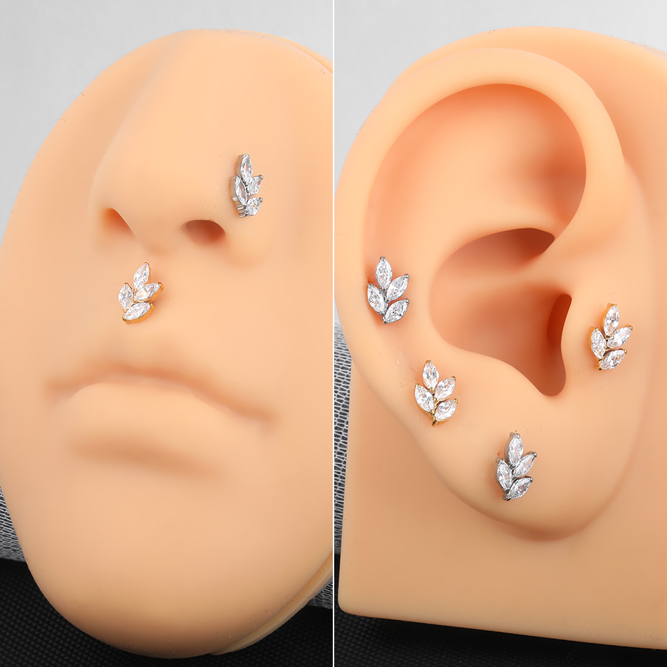 1PC ASTM F136 Titanium 16G Marquise CZ Leaves Stud Earring Leaf Shaped Helix Cartilage Conch Flat Back Lip Piercing Sexy Jewelry