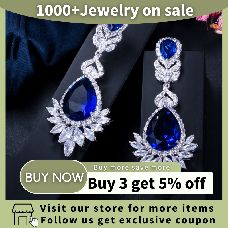 BeaQueen Luxury Royal Blue Water Drop CZ Crystal Women Wedding Jewelry Long Bridal Earrings with Clear Cubic Zirconia E081
