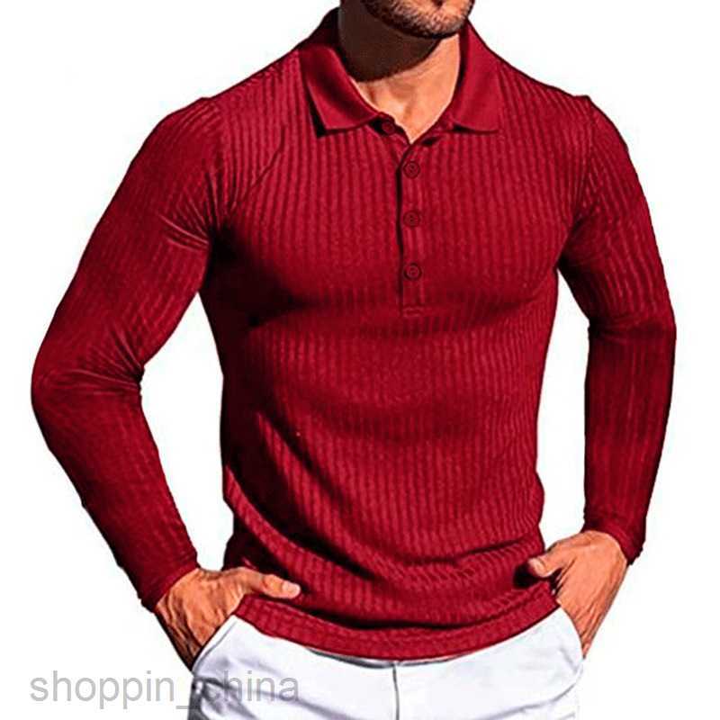 Men Polos Shirts Summer Sports Fitness Leisure Stand up Neck Elastic Vertical Stripe Long sleeved POLO Shirt for Men tops
