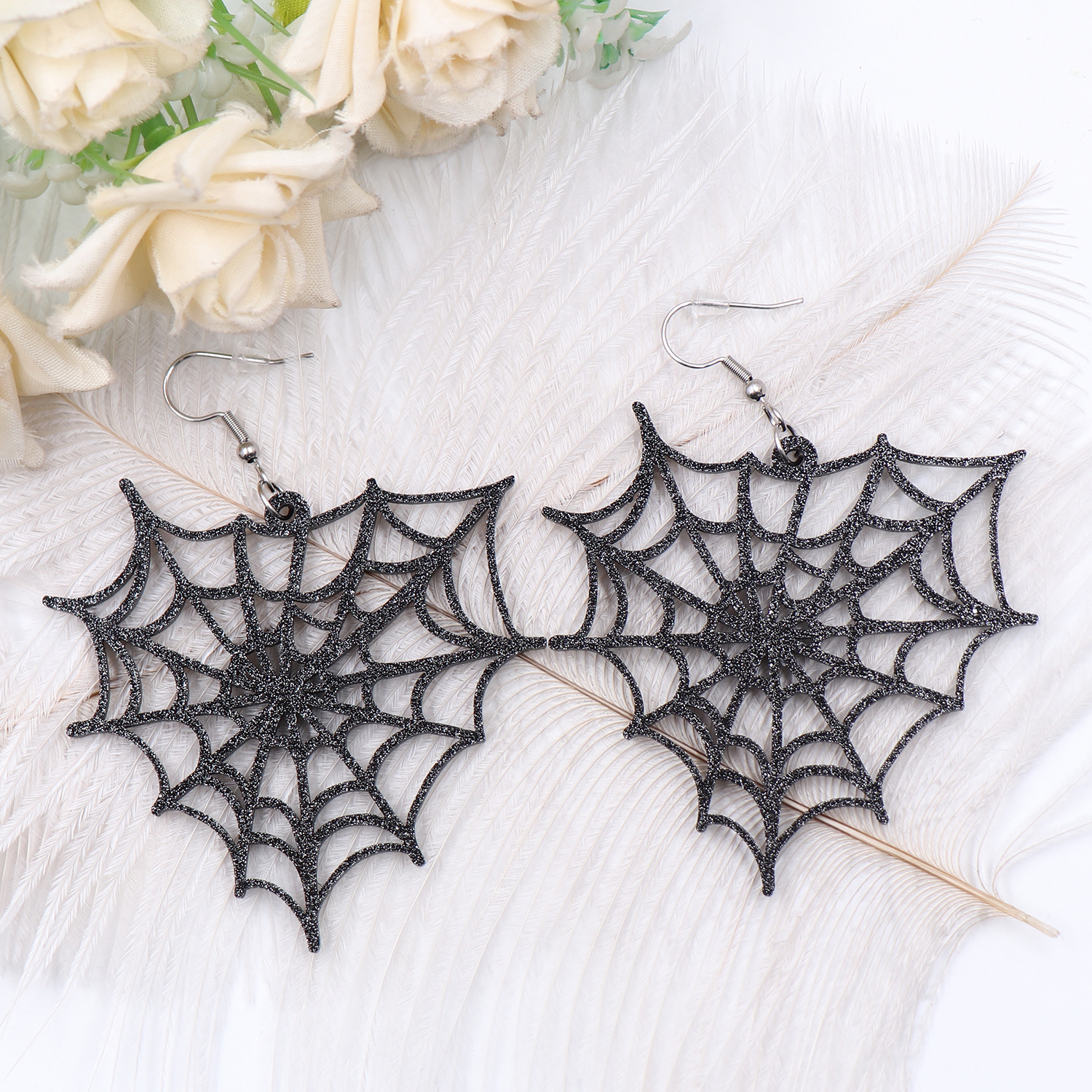 65MM Spider Web Heart Drop Earrings Halloween Holiday Earrings Laser Cut Black Glitter Acrylic Earrings