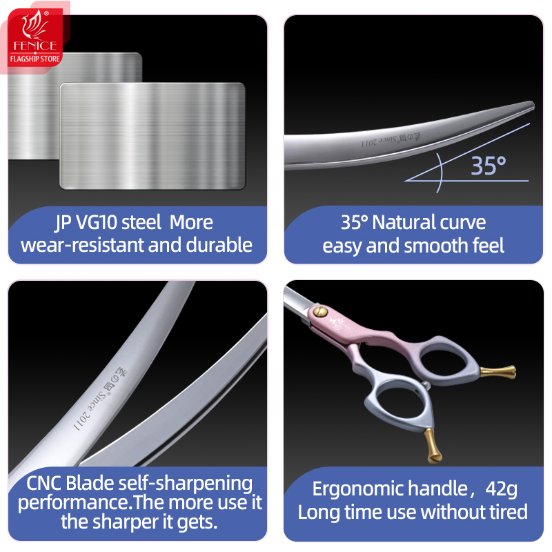 Fenice Professional JP VG10 Right&Left Hand 6.5Inch Curved 35° Grooming Scissors Pet Scissor for Dogs Self Grinding Scissors