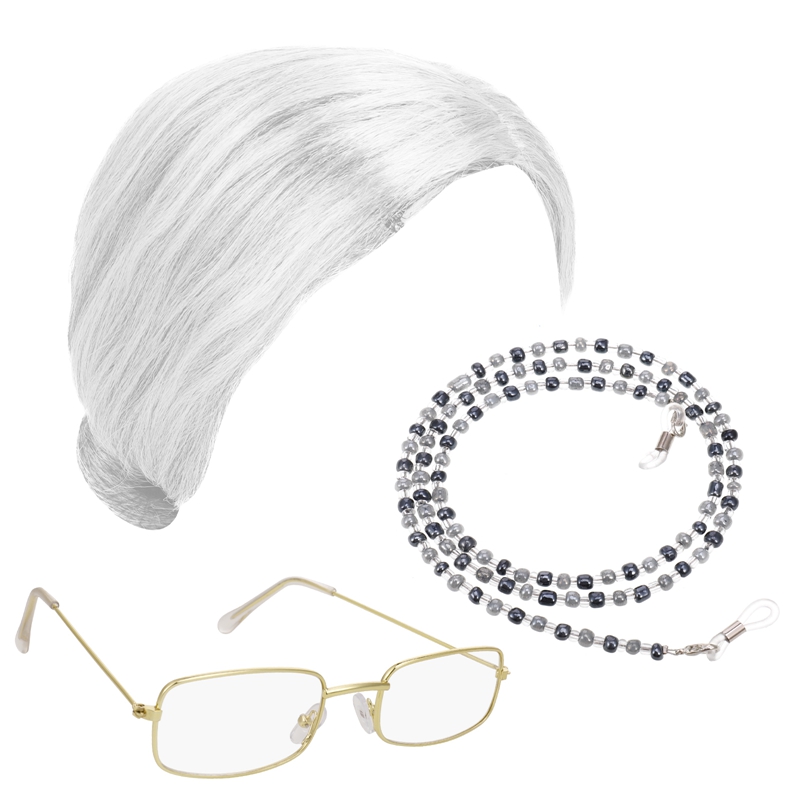 Grandmother Headwear Old Lady Cosplay Costume Set Role Play Suit Glasses Hair Necklace Sets Christmas Halloween Women Wigs