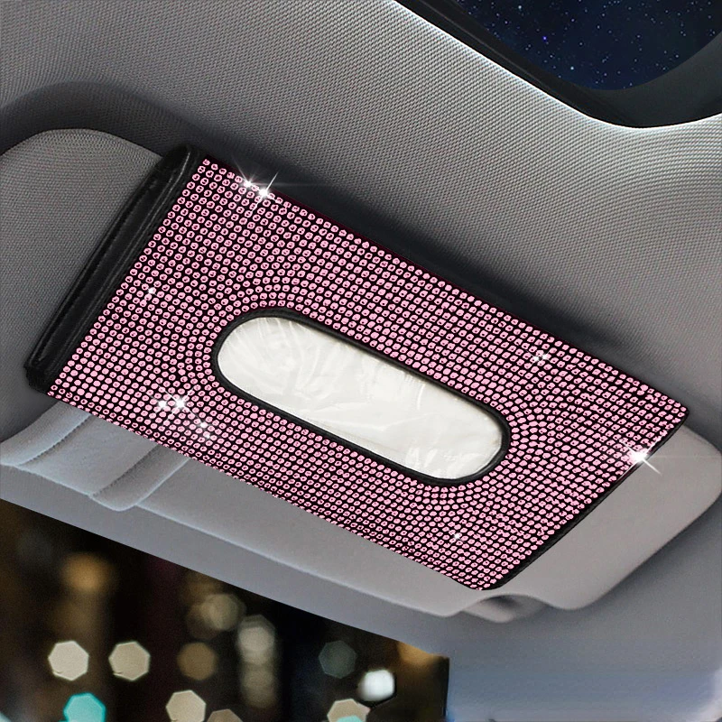 Bling Car Sun Visor Tissue Box Holder Rhinestone Leather Crystal Sparkling Napkin Holder Car Accessories for Women