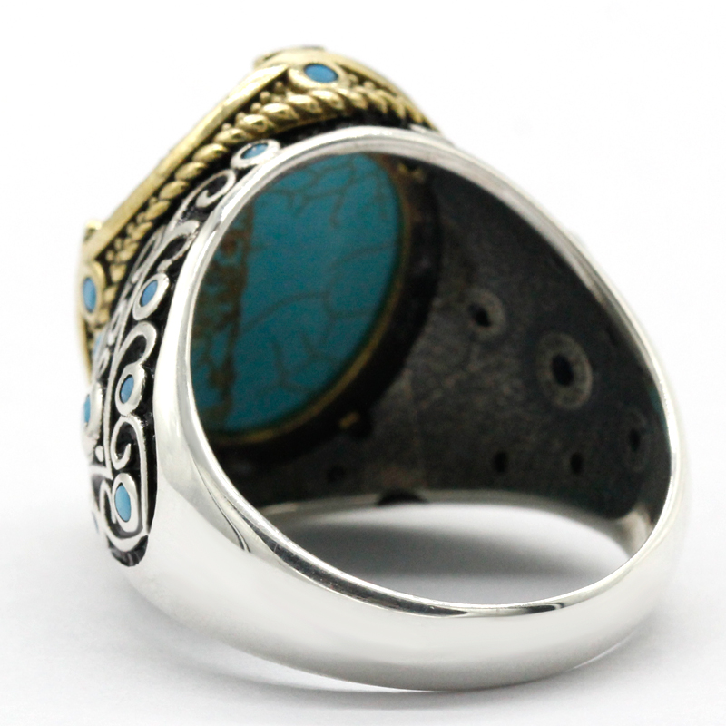 New Men's Vine Ring 925 Sterling Silver Natural Turquoise Anchor Ring Retro Antique Turkish Handmade Jewelry Husband Gift