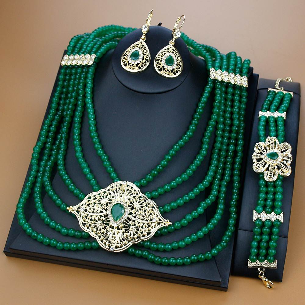 Sunspicems Algeria Morocco Bead Pearl Jewelry Sets Bridal Wedding Long Necklace Bracelet Earring Gold Color Arabic Caftan Bijoux