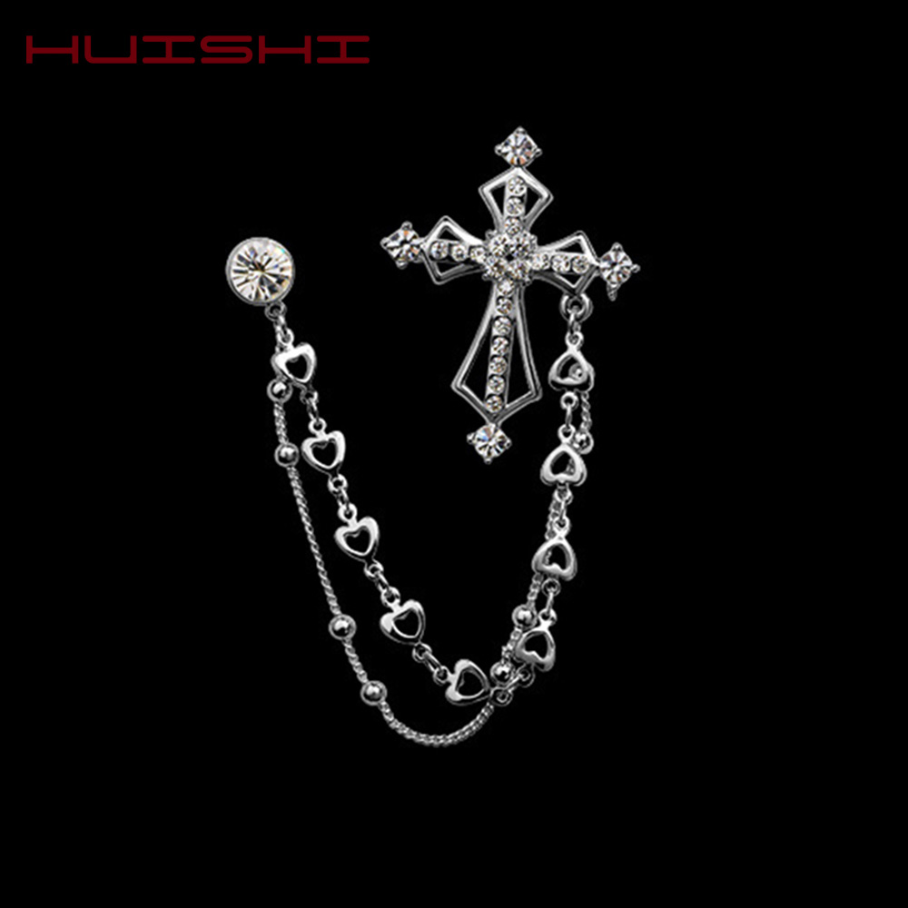 HUISHI Crystal Rhinestones Brooch High End British Style Vintage Crystal Cross Brooch Pin Suit Badge Shirt Collar Jewelry Gift