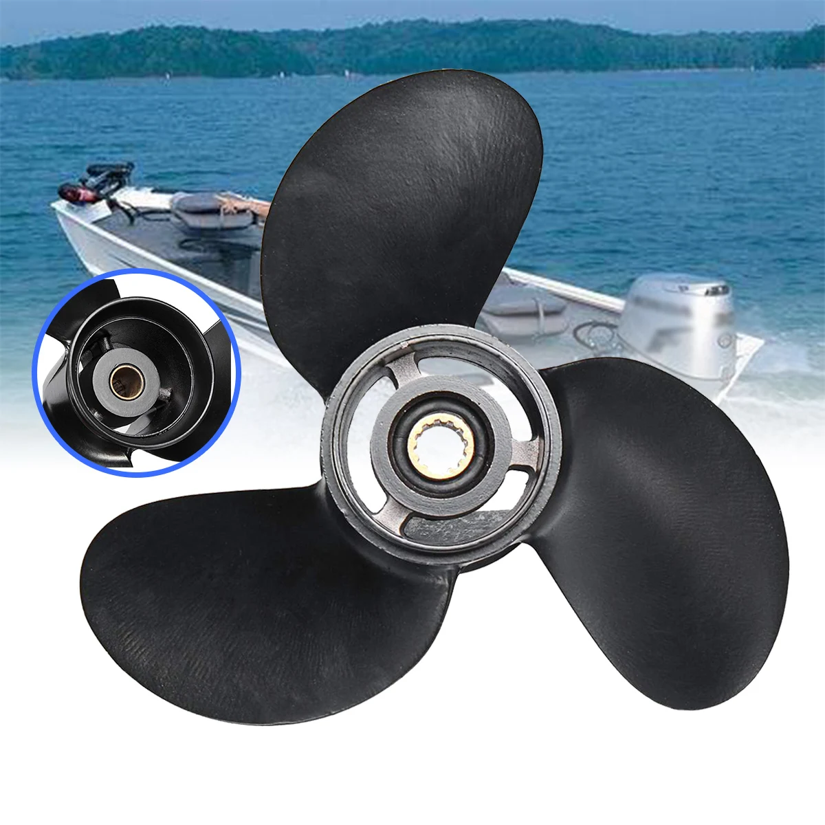 8.5X9 Aluminum Alloy Outboard Propeller Boat 3B2W64517-1 for Tohatsu Nissan-Mercury 8-9.8HP 3 Blades Black 12 Spline Tooths