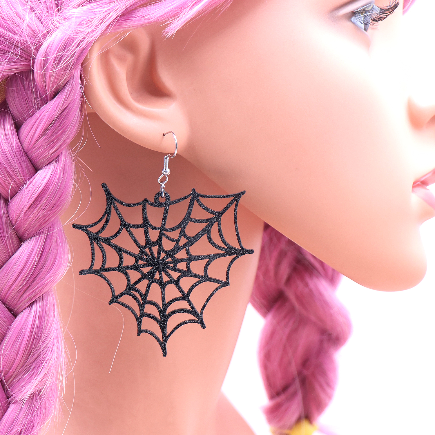 65MM Spider Web Heart Drop Earrings Halloween Holiday Earrings Laser Cut Black Glitter Acrylic Earrings