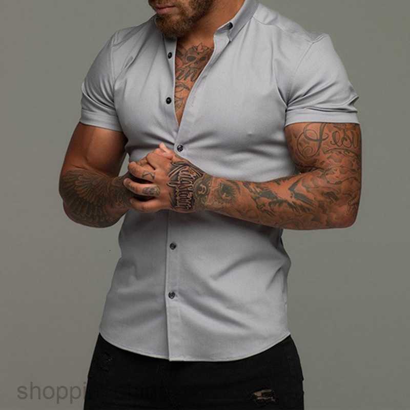 Men's Casual Shirts Muscle men fitness short sleeve Lapel shirt elastic thin pure color sports leisure cardigan business iron shirt fashion tops