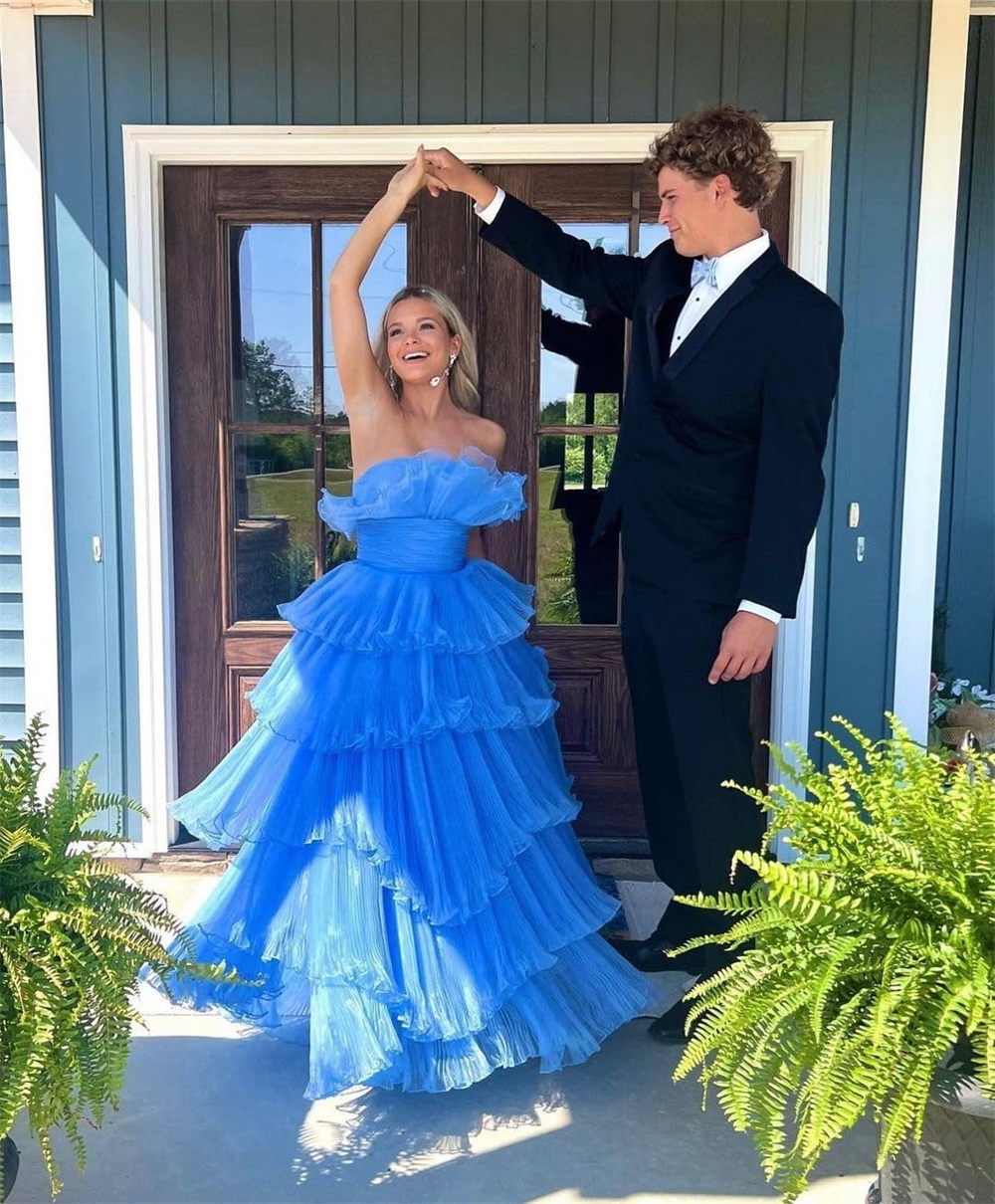 Long Prom Dresses Tiered Pleats Strapless Ball Gown Organza Lace-up Plus Size Formal Occasion Evening Party Gown Pd21