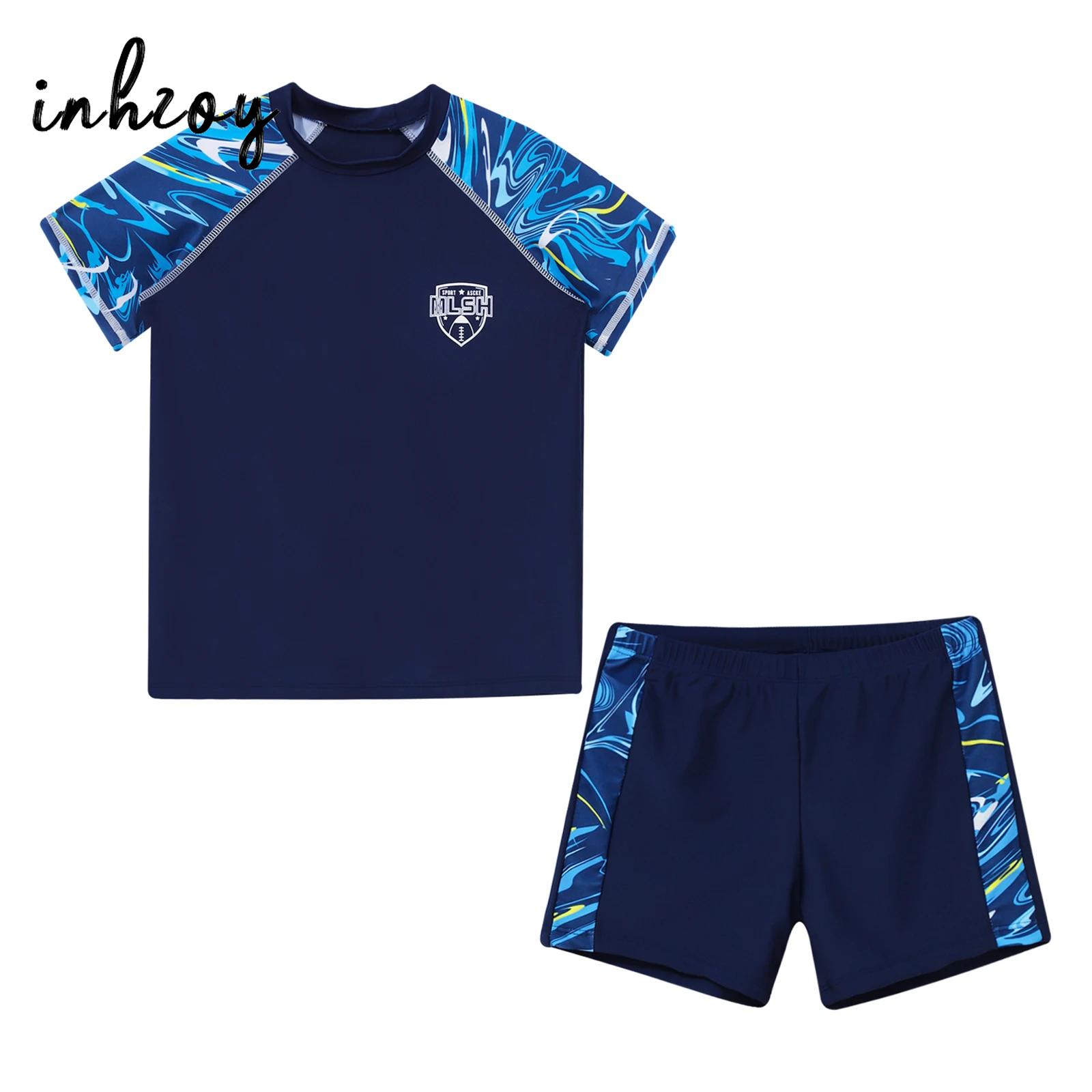 Kids Boys Swimwear Beachwear Set Short Sleeve Swimsuit Rash Guard Swim Tops with Drawstring Board Shorts 2 Piece Bathing Suit