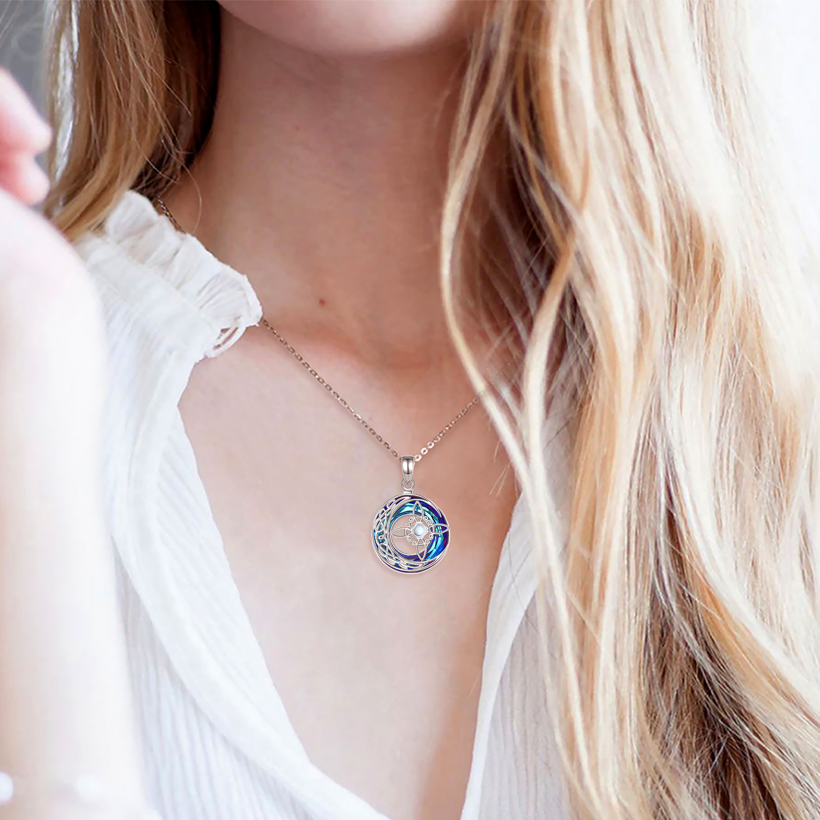 Eudora 925 Sterling Silver Witch Knot Necklace Austrian Crystal Moonstone Knot Amulet Necklaces Witchcraft Jewelry for Men Women