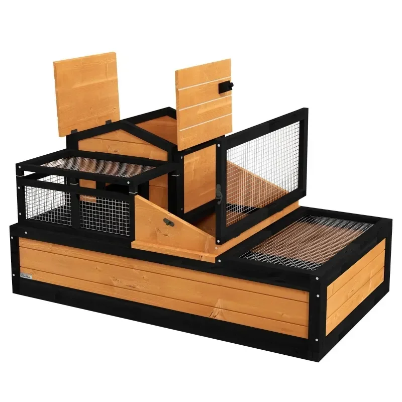 3-Room Tortoise House Habitat, Indoor/Outdoor Wooden Tortoise Enclosure with Ladder, Tray, Openable Roof, Large Reptile Cage