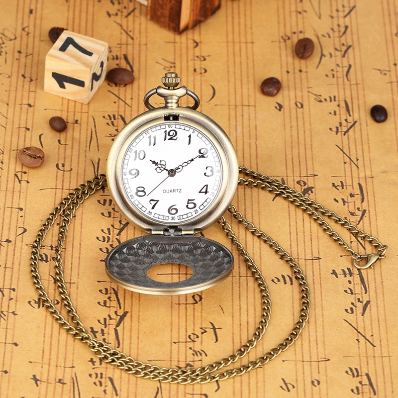 Retro Bronze Engraved Roman Numeral Case Quartz Pocket Watch Necklace Chain FOB Clock Gifts for Men Women Watch with Accessory