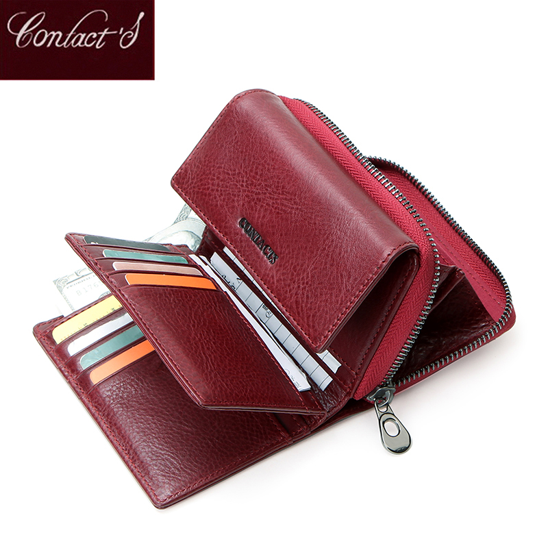 CONTACT'S Genuine Leather Wallet Women Short Coin Wallets for Women Female Card Holder Red Small Hasp Money Bag