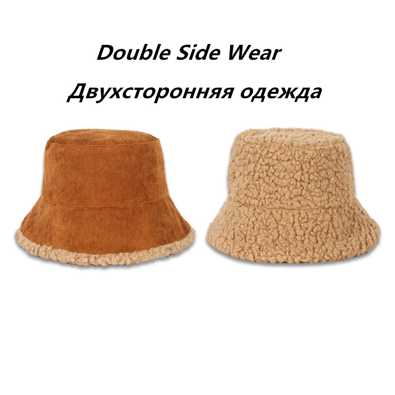 Winter Bucket Hats Women Warming Panama Hat Lady Fluffy Corduroy Double-Side Wear Outdoor Fisherman Cap Hat for Women Size Plus