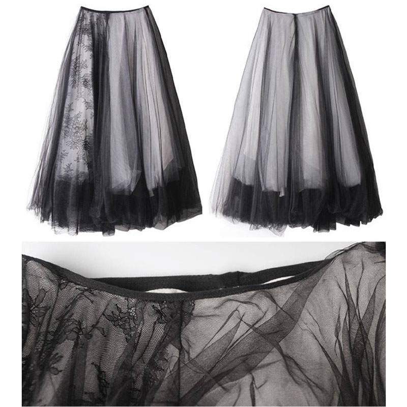 Maxi Long Luxury Soft Tulle Skirt Lace stitching Gothic White Black Pleated Tutu Skirts Womens Vintage Petticoat lange rok jupes
