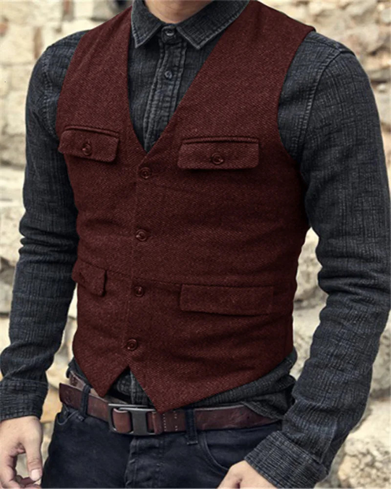Suit Vest Brown Burgundy Herringbone Wool Tweed Vintage Steampunk Waistcoat Formal Business Vests For Men Wedding 240615