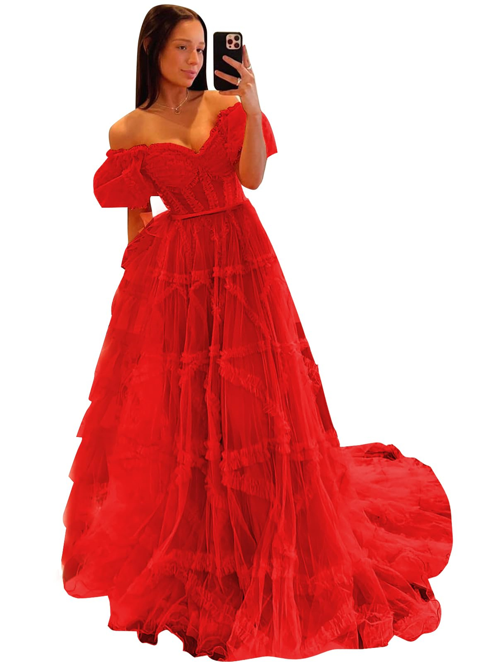 Long Prom Dresses Short Sleeve Off-the-Shoulder V-Neck Backless Tulle Ball Gown Plus Size Formal Occasion Evening Party Gown Pd26