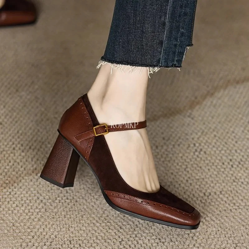 Mary Janes Vintage Black Sandals Woman Buckle Non-Slip Casual Medium Heels Office Ladies Solid Elegant Heels Korean Summer 250225