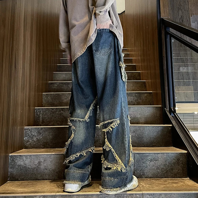 PFHQ Heavy Industry High Street Jeans Mens Autumn Original Motorcycle Fashion Straight Denim Creativity Wide Leg Pants 21Z2766 240618