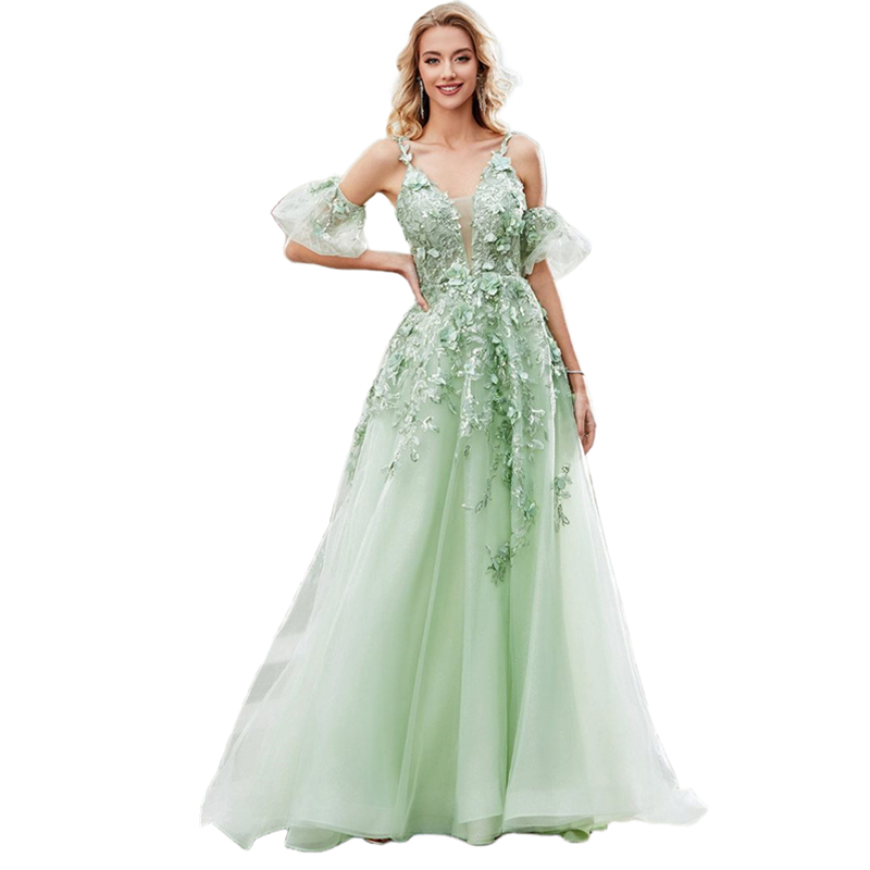Sage 3D Floral Appliques A-Line Prom Dresses Floor Length Spaghetti Straps V-Neck Tulle Formal Party Gown For Women 2024 Detachable Puff Short Sleeves