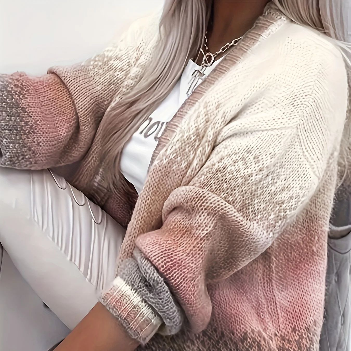 Color Block Button Down Knit Cardigan, Casual Long Sleeve Comfy Sweater, Women's Clothing H6.25#58