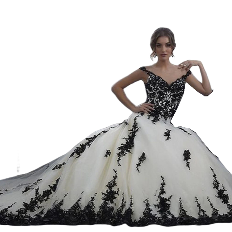 Black And White Gothic Wedding Dresses Illusion Back Lace Appliques Sheer Short Sleeves Vintage Long Tulle Wedding Gown For Women Bride Country Vestdi