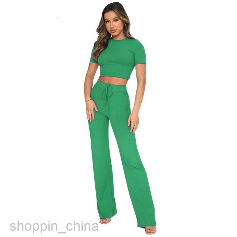 Women's Tracksuits New fashion leisure suit women's solid color high elastic body shaping short sleeve pit strip wide leg pants two-piece se