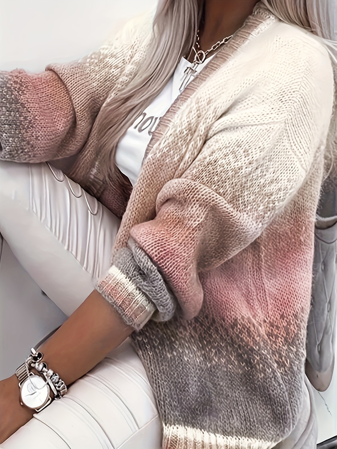 Color Block Button Down Knit Cardigan, Casual Long Sleeve Comfy Sweater, Women's Clothing H6.25#58