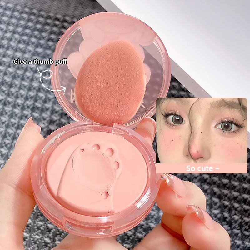 Cute Cat Foot Print Blush with A Thumb Puff Sweet Korean Girl Cheek Makeup Blusher Long Lasting Face Con Shadow Cosmetics 240624