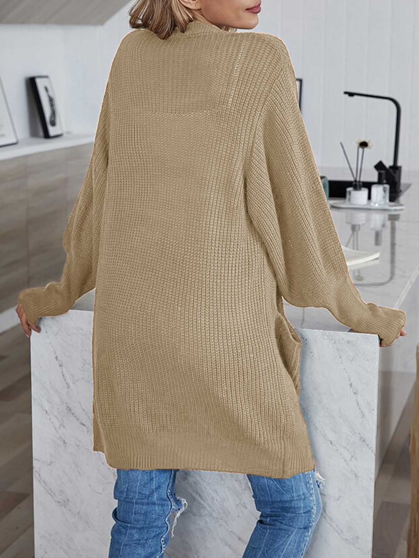 Sweater women's coarse wool line pocket knitted cardigan commuter style loose medium long coat casual F6.25#37