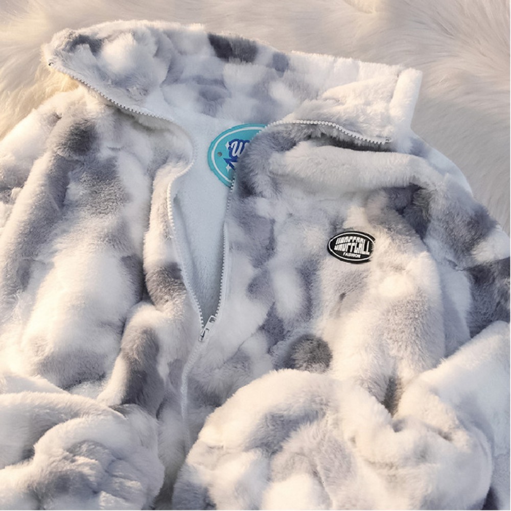 New Women's Tie Dye Lamb Fleece Jacket Autumn Winter Zipper Outerwear Warm Plush Jackets Haruku Casual Loose Female Thick Coat F6.25#23.8