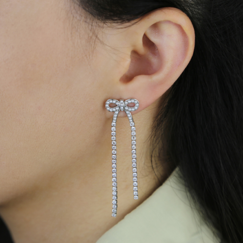 2024 Trendy Pearl Cubic Zirconia Paved Bowknot Tassel Earrings: Chic Long Tennis Chain Drop Earring Set