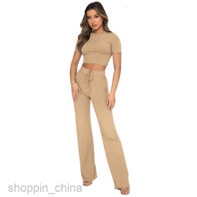 Women's Tracksuits New fashion leisure suit women's solid color high elastic body shaping short sleeve pit strip wide leg pants two-piece se
